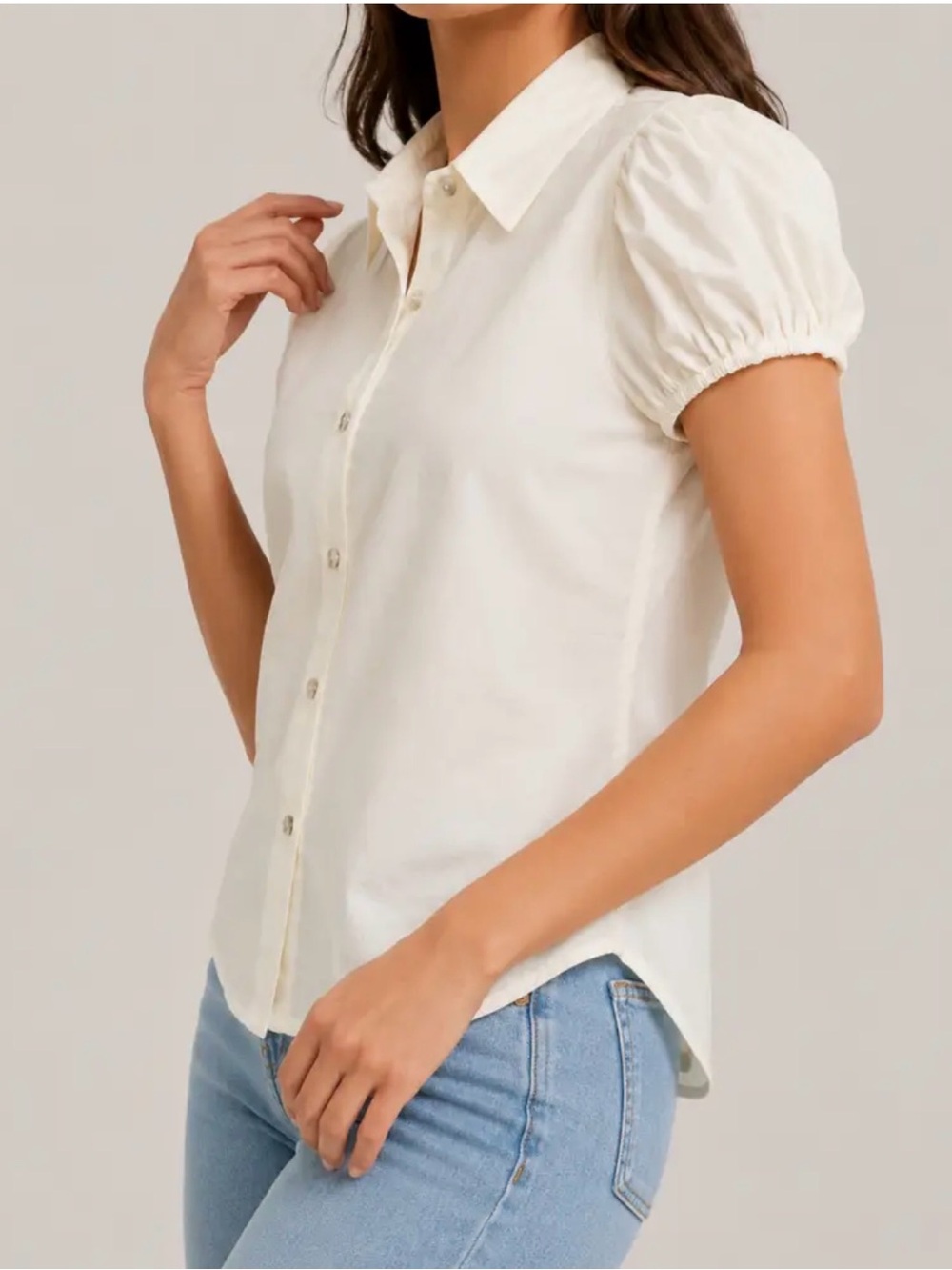 White Short-Sleeve Button-Front women Blouse